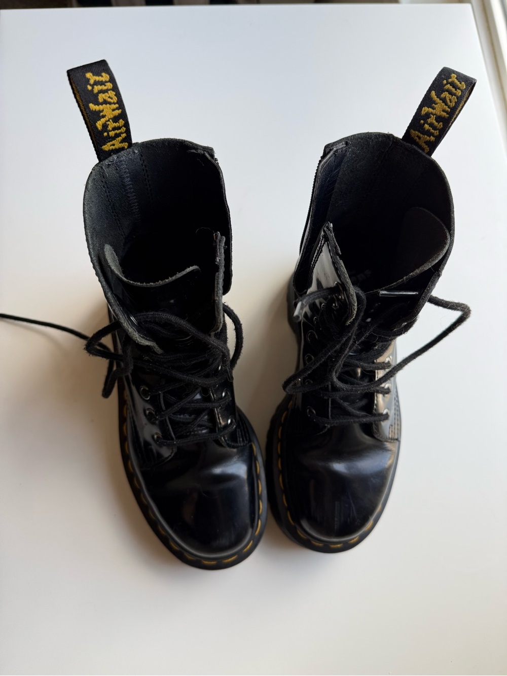 Dr. Martens Black Glossy Leather Lace-Up Boots with Yellow Stitching